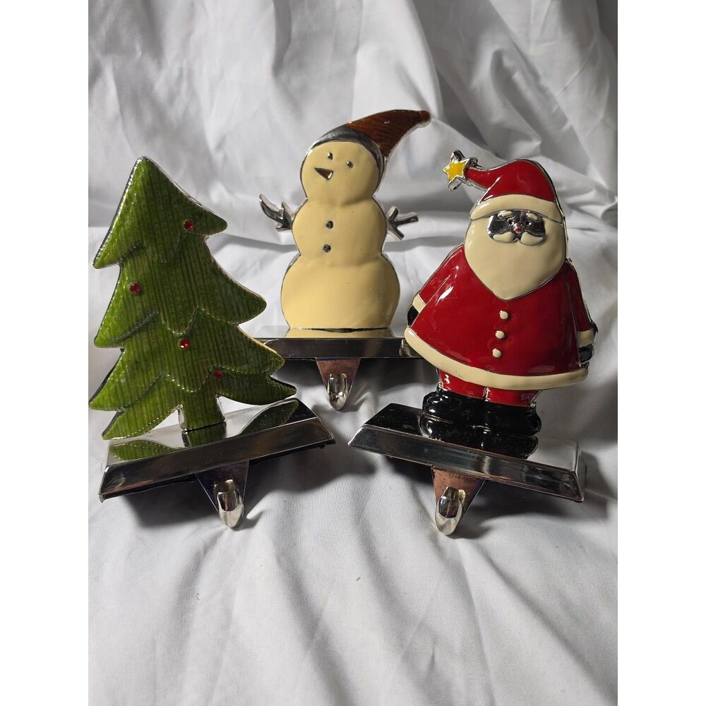 Set of 3 Christmas Stocking Holders Santa Snowman Tree Heavy Metal Mantel Hooks